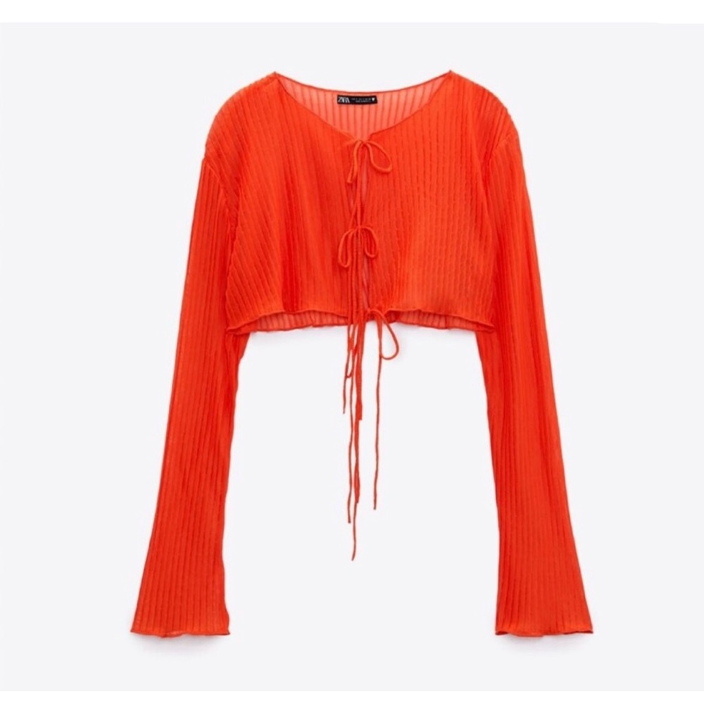 Zara Red-Orange Ribbed Crop Blouse with Tie Front